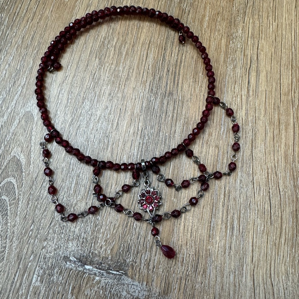 Dark Red Beaded Wire Choker Necklace